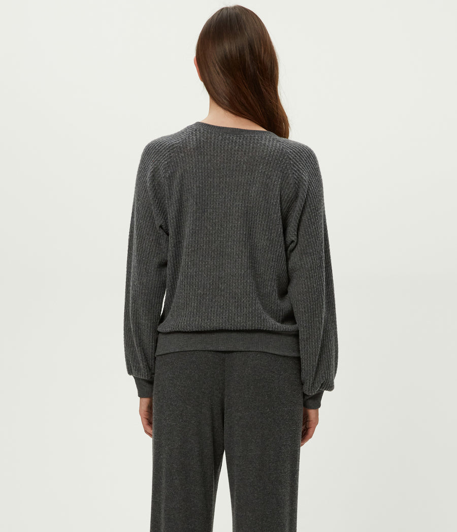 Eira Henley Brushed Waffle Top in Charcoal Grey Back View #CHARCOAL