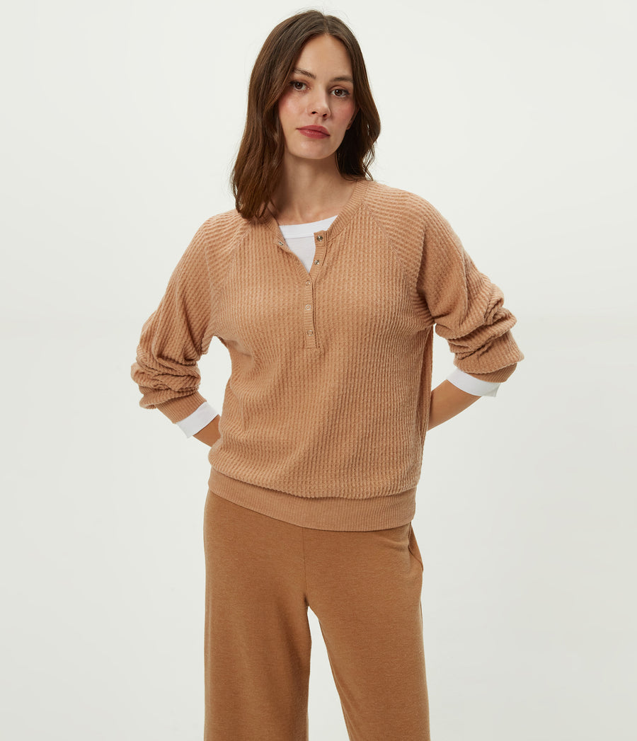 Eira Henley Brushed Waffle Top in Cumin Brown Close Up View #CUMIN