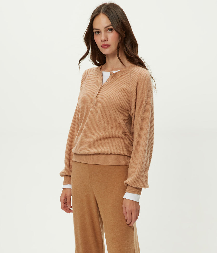 Eira Henley Brushed Waffle Top in Cumin Brown Side View #CUMIN