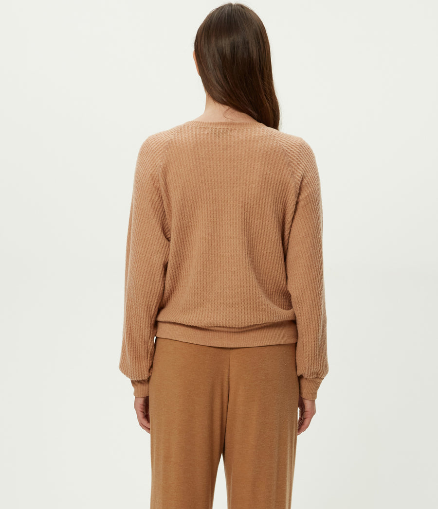 Eira Henley Brushed Waffle Top in Cumin Brown Back View #CUMIN