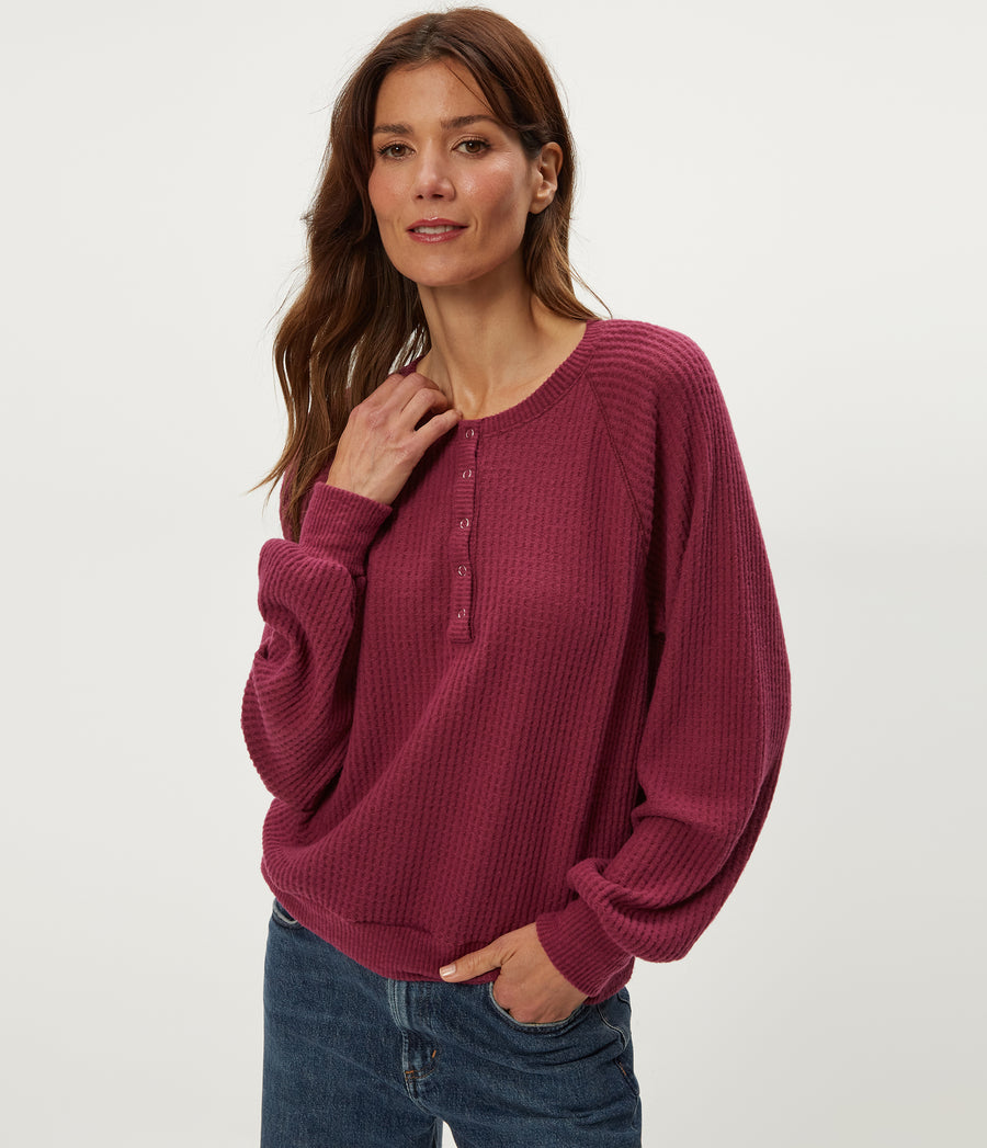 Eira Henley Brushed Waffle Top in Garnet Red Close Up View #GARNET