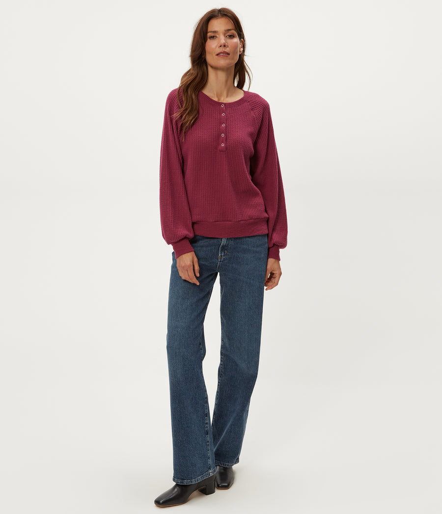 Eira Henley Brushed Waffle Top in Garnet Red Full Body View #GARNET