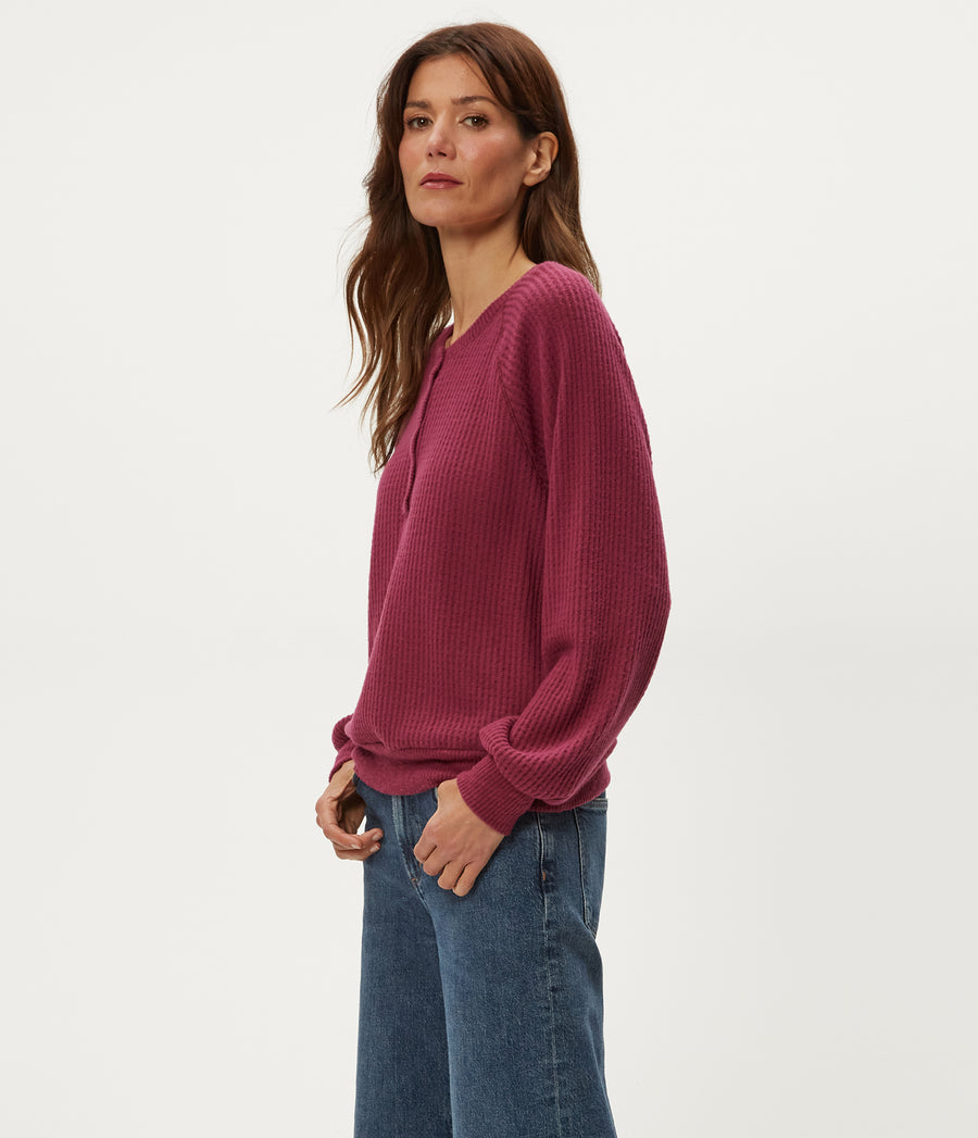 Eira Henley Brushed Waffle Top in Garnet Red Side View #GARNET