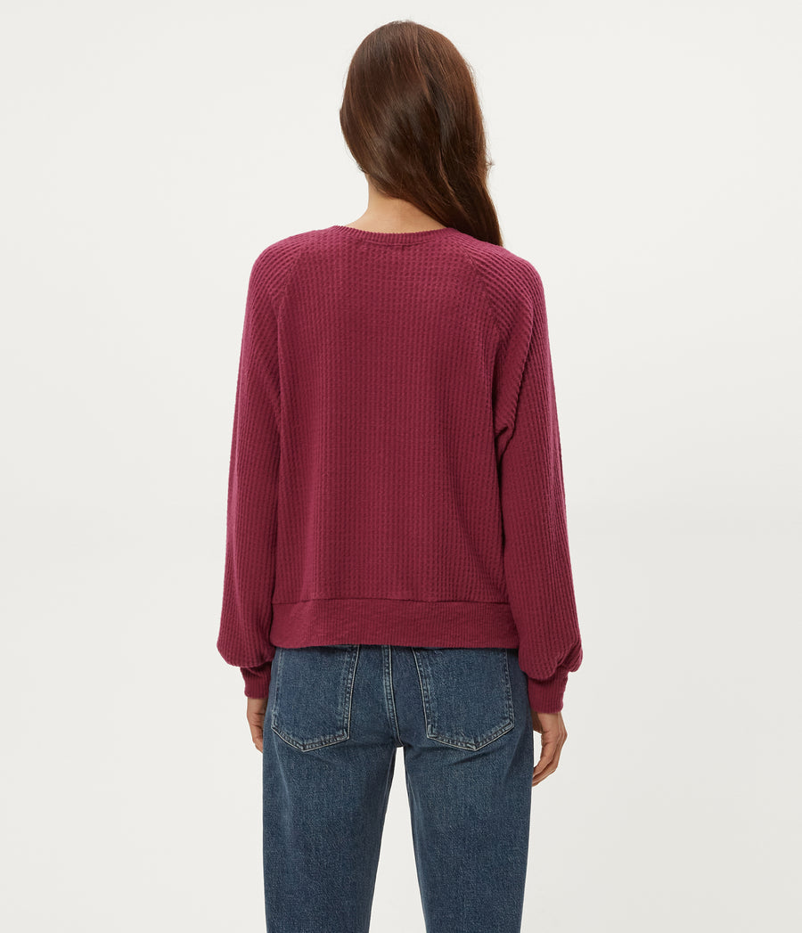 Eira Henley Brushed Waffle Top in Garnet Red Back View #GARNET