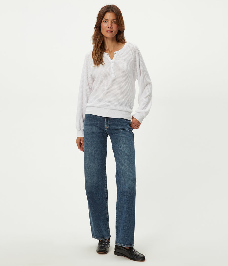 Eira Henley Brushed Waffle Top in White Full Body View #WHITE