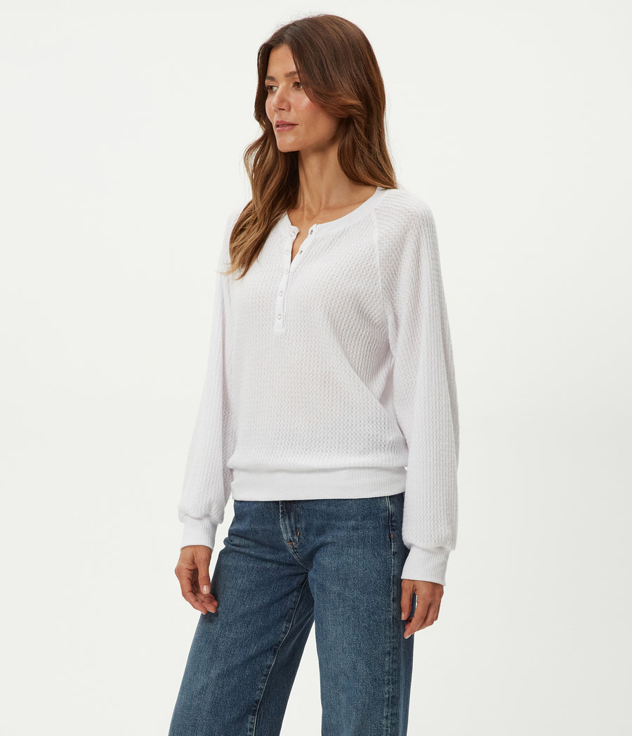 Eira Henley Brushed Waffle Top in White Side View #WHITE