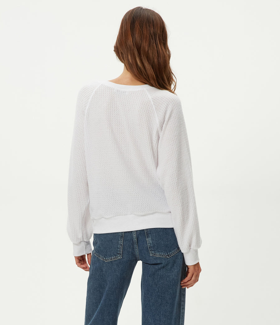 Eira Henley Brushed Waffle Top in White Back View #WHITE