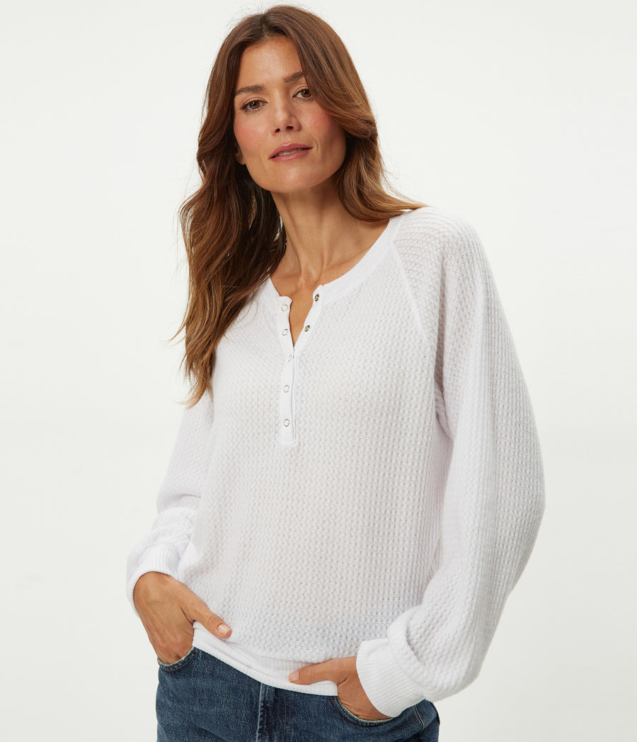Eira Henley Brushed Waffle Top in White Close up View #WHITE