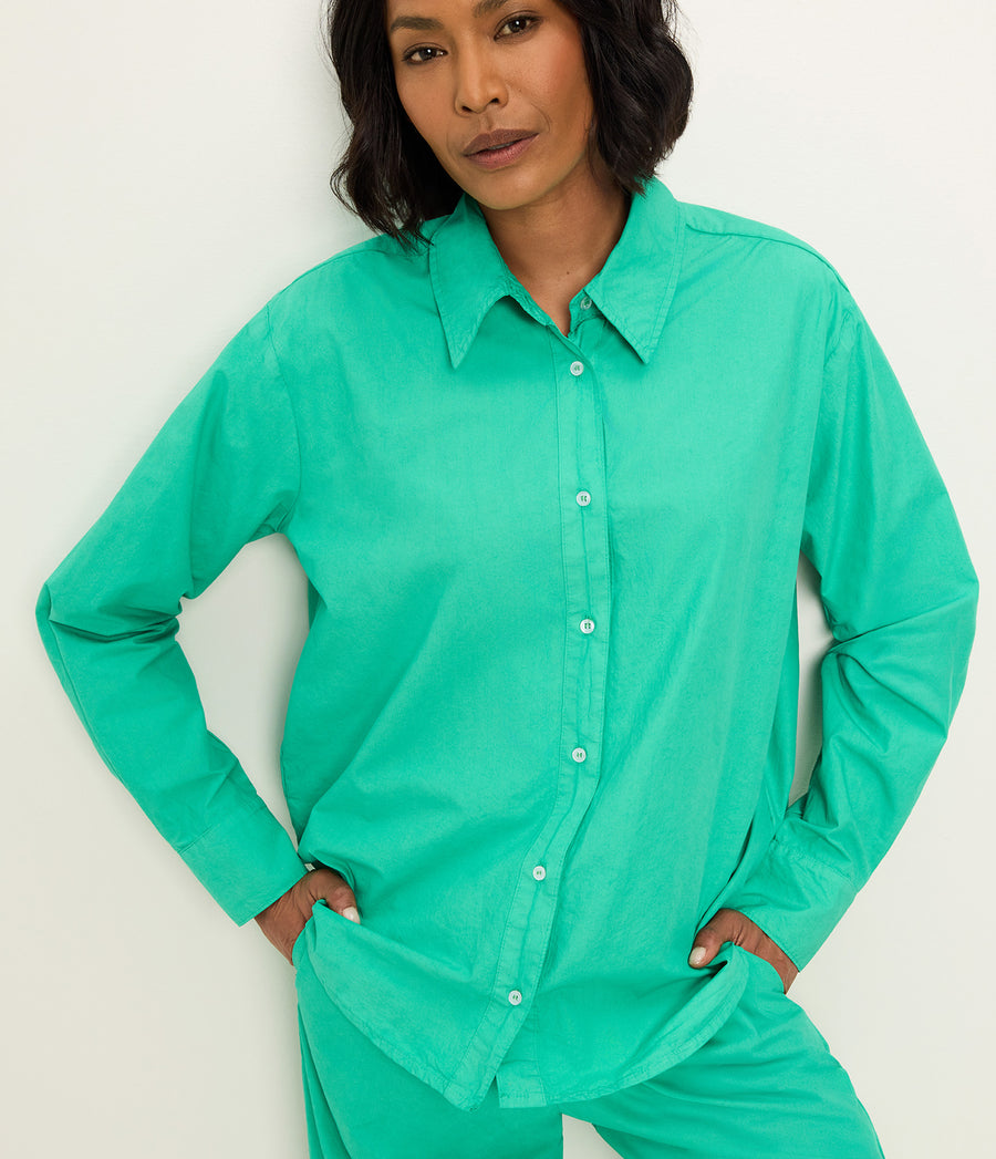 Carson Button Down Shirt in MALDIVES Green Close up View #MALDIVES