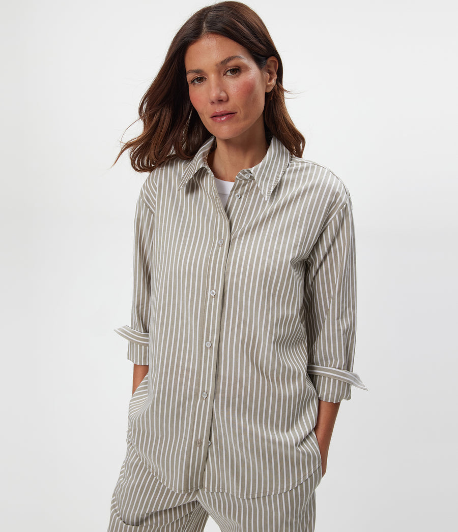 Carson Striped Button Down Shirt in Olive Green Close up View #OLIVE