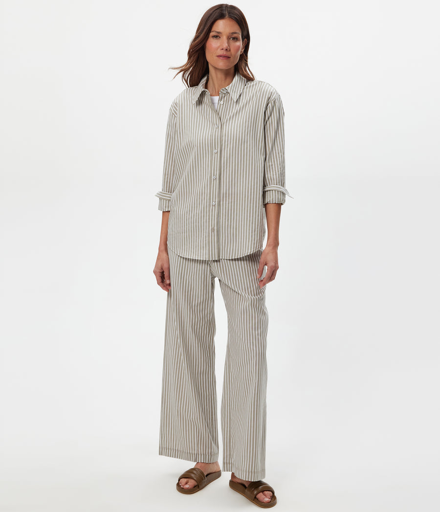 Carson Striped Button Down Shirt in Olive Green Full Body View #OLIVE