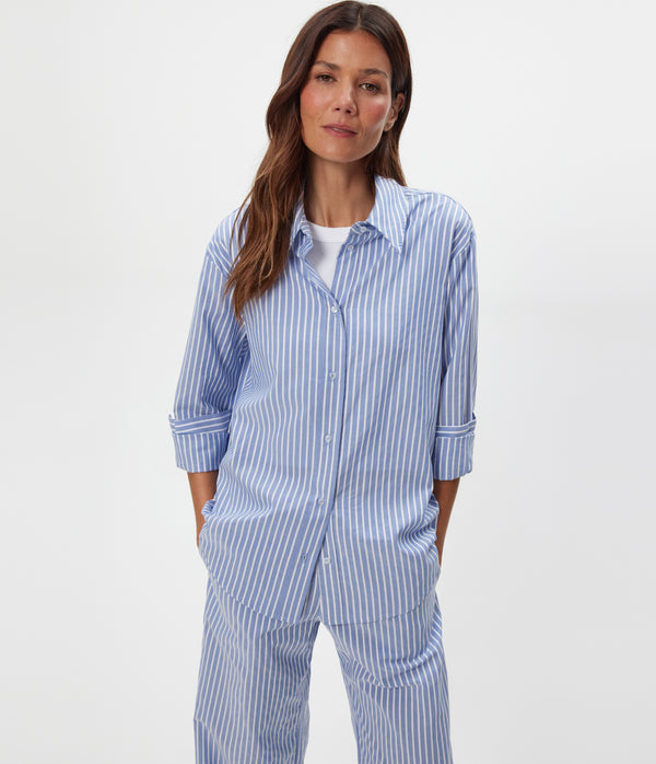 Carson Striped Button Down Shirt in SKY Blue Close up View #SKY