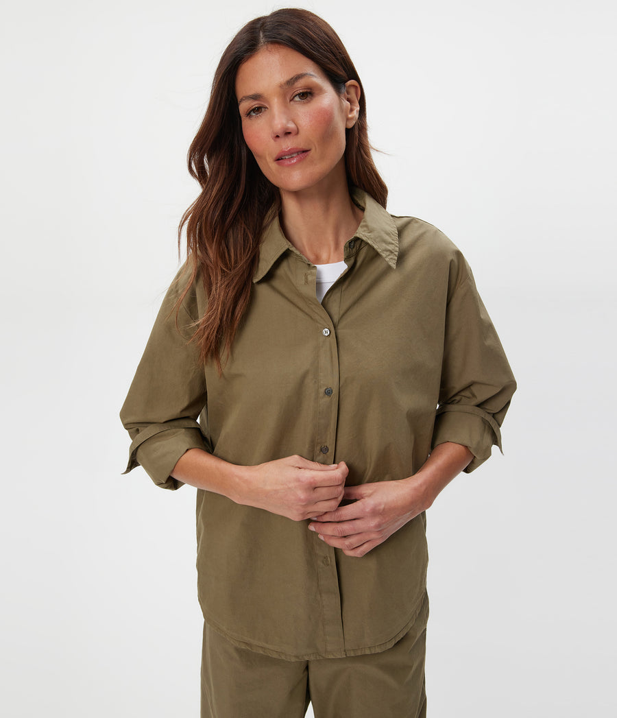 Carson Button Down Shirt in CAPER Green Close up View #CAPER