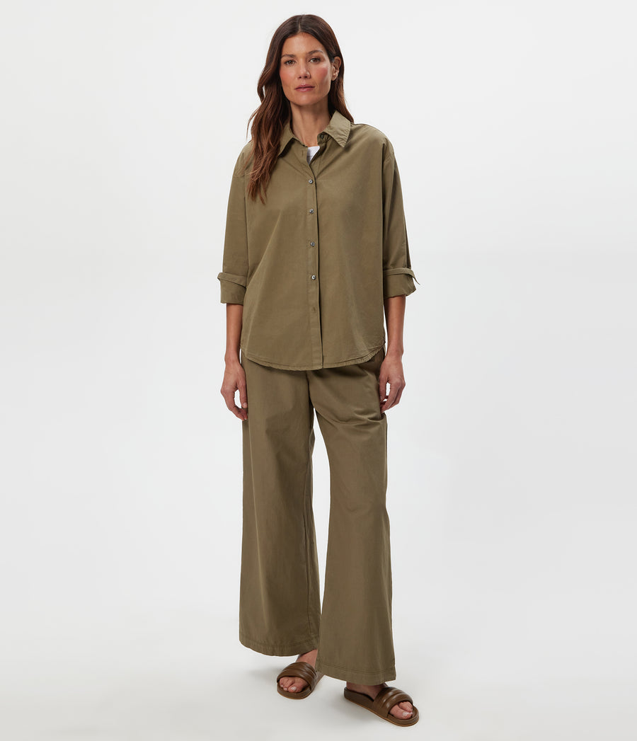 Carson Button Down Shirt in CAPER Green Full Body View #CAPER