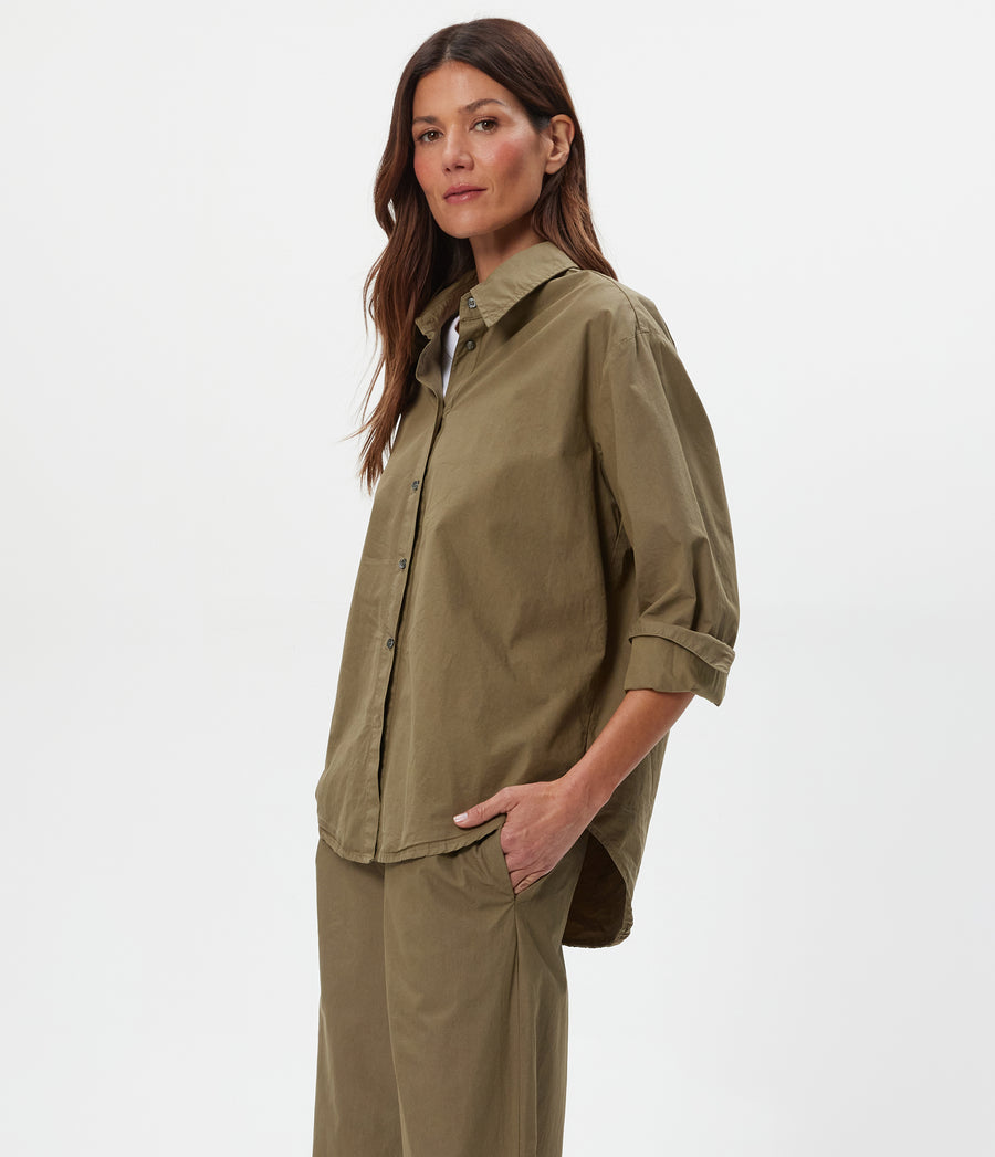 Carson Button Down Shirt in CAPER  Green Side View #CAPER