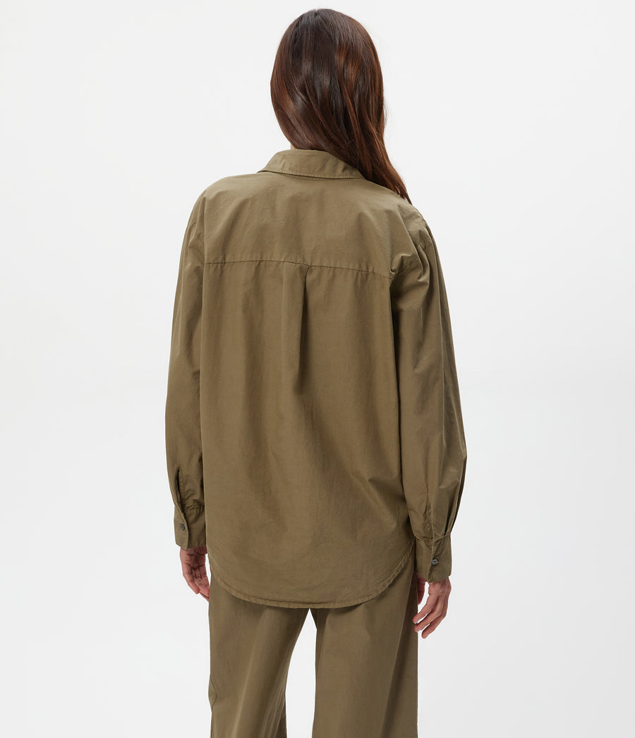 Carson Button Down Shirt in CAPER Green Back View #CAPER