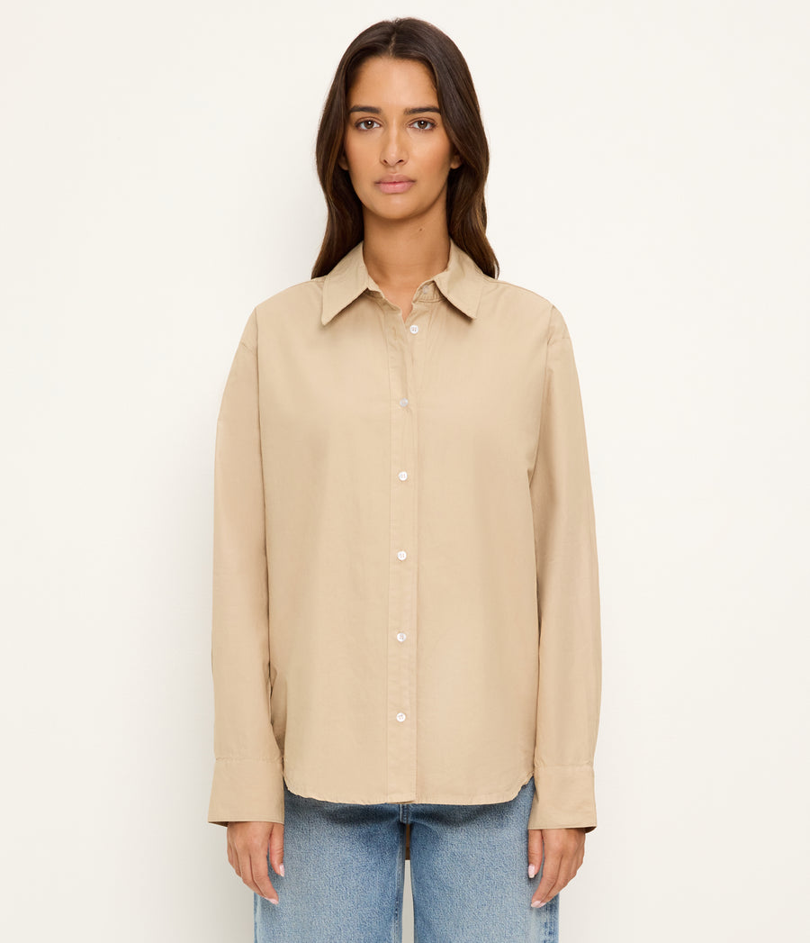 Carson Button Down Shirt in  MACADAMIA Beige Full Body View #MACADAMIA