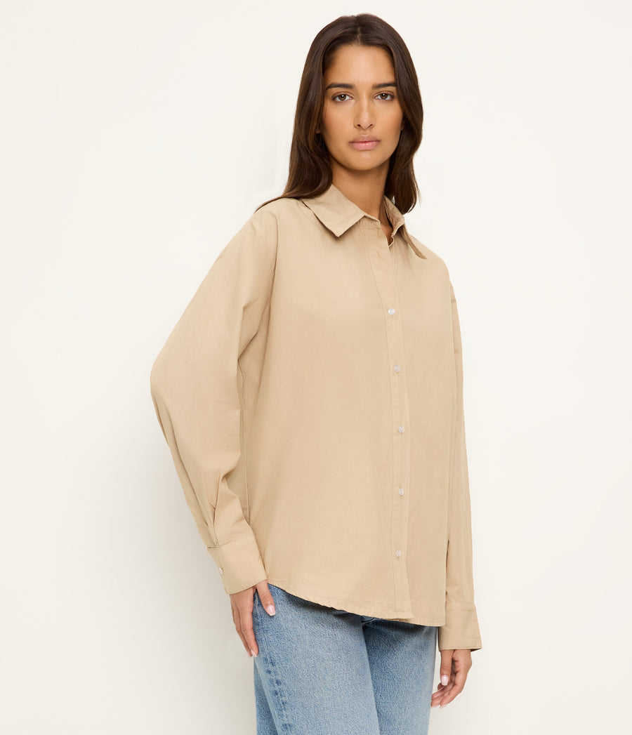 Carson Button Down Shirt in  MACADAMIA Beige Side View #MACADAMIA