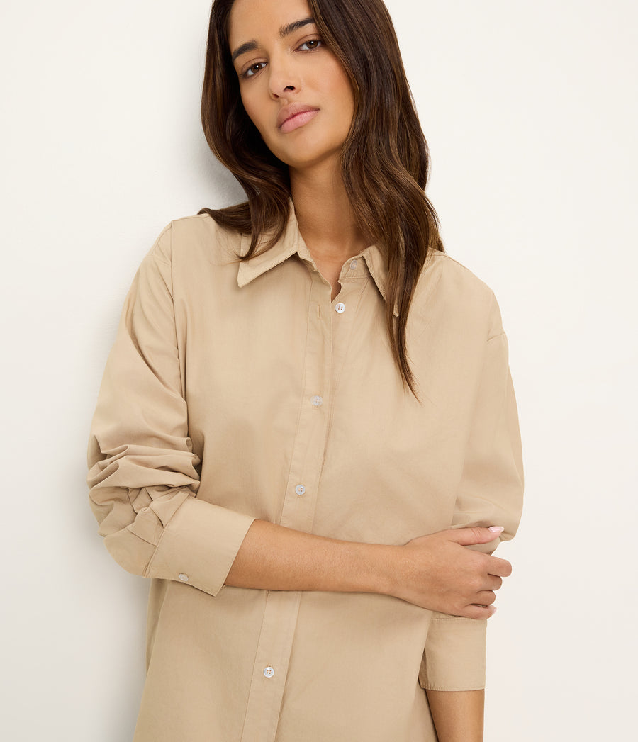 Carson Button Down Shirt in  MACADAMIA Beige Close up View #MACADAMIA