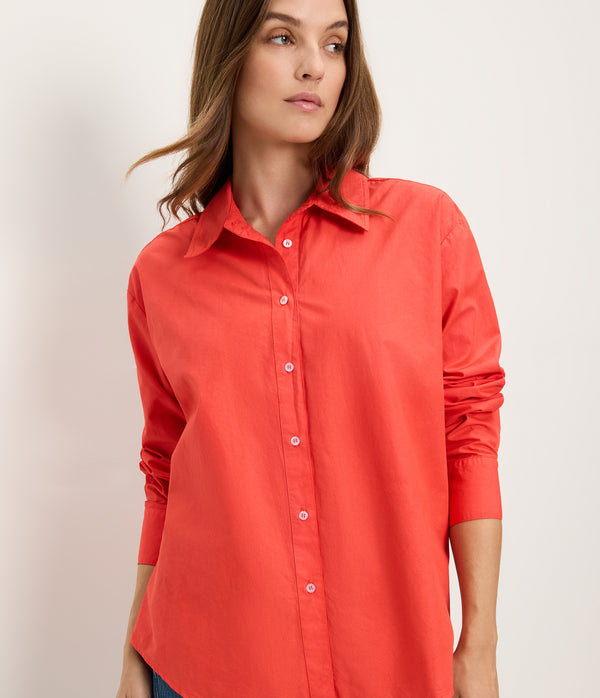 Carson Button Down Shirt in SAMBA RED Close up View #SAMBA
