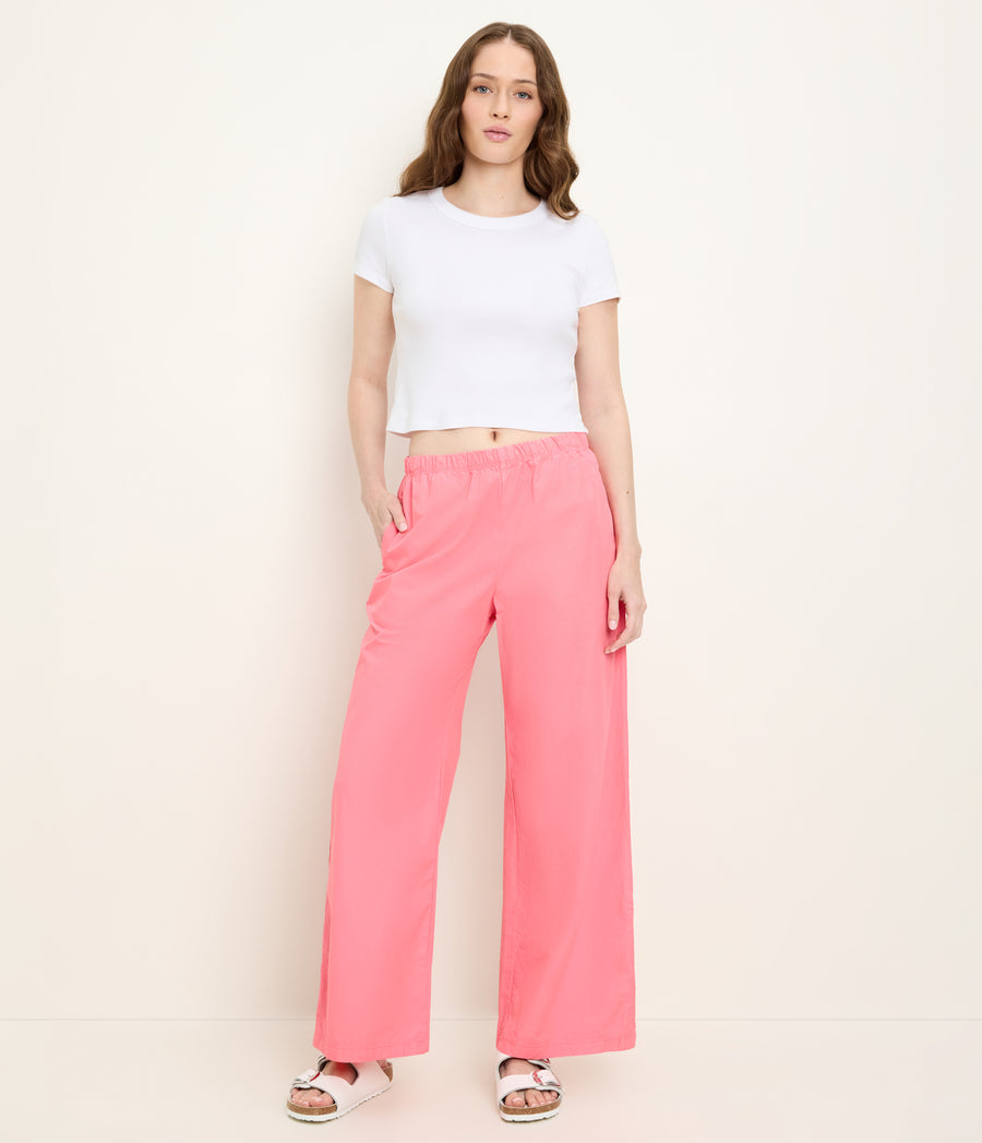 Taylor Wide Leg Pant in DRAGONFRUIT Pink Close Up View #DRAGONFRUIT
