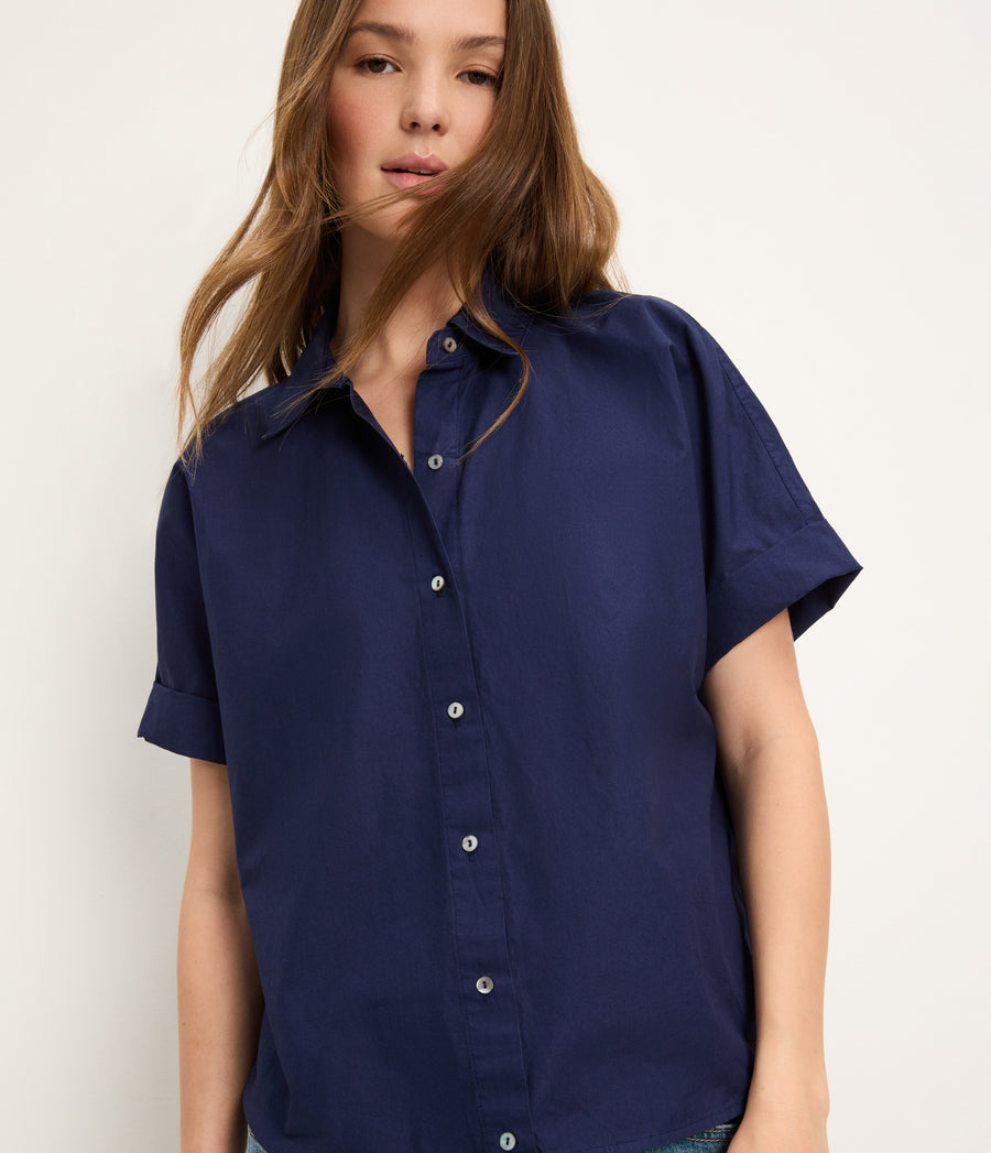 Otis Button Down Shirt in Nocturnal Blue Close up View  #NOCTURNAL