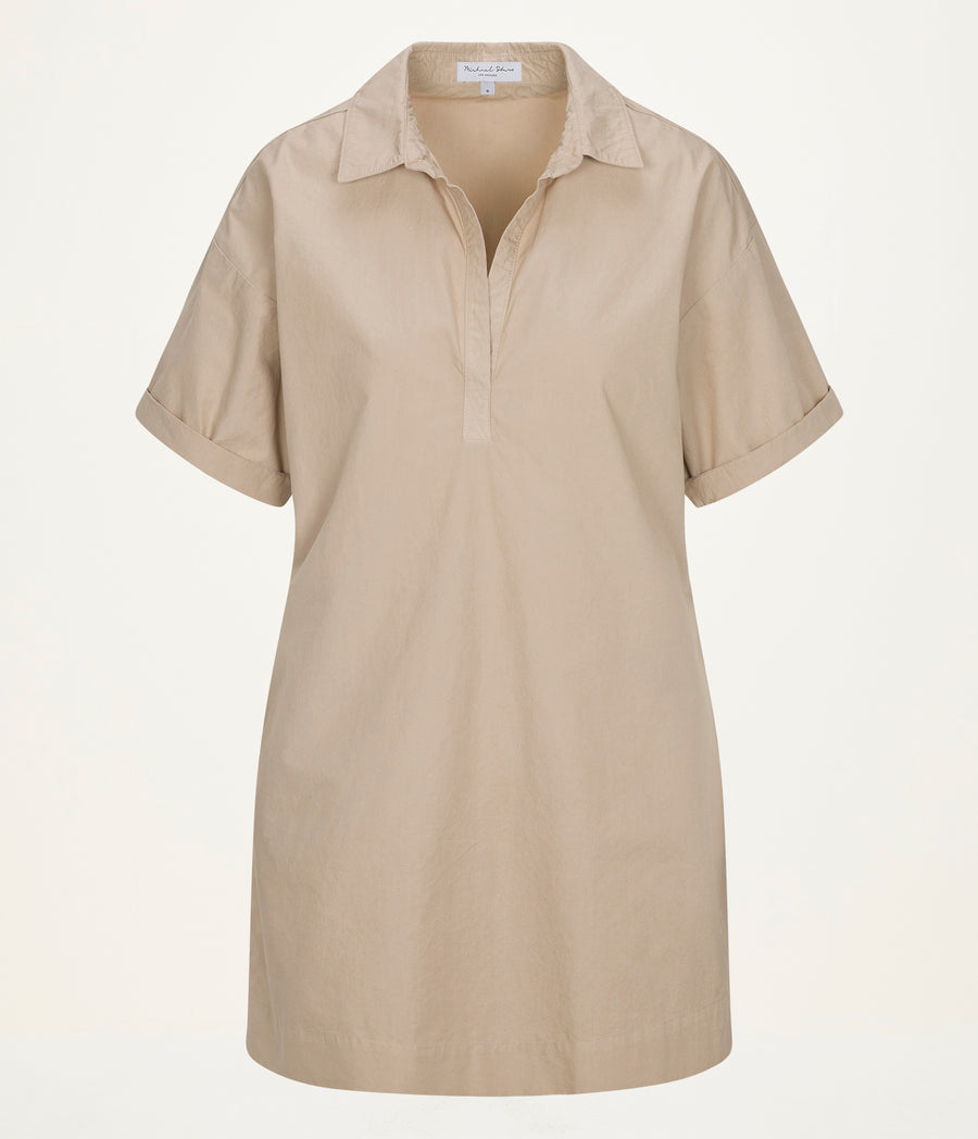 Emmeline Shirtdress in  MACADAMIA Beige Close up View #MACADAMIA