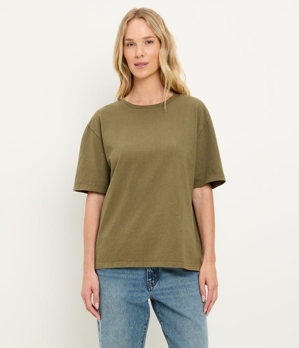 Kennedy Boyfriend Tee in CAPER Green Close up View #CAPER