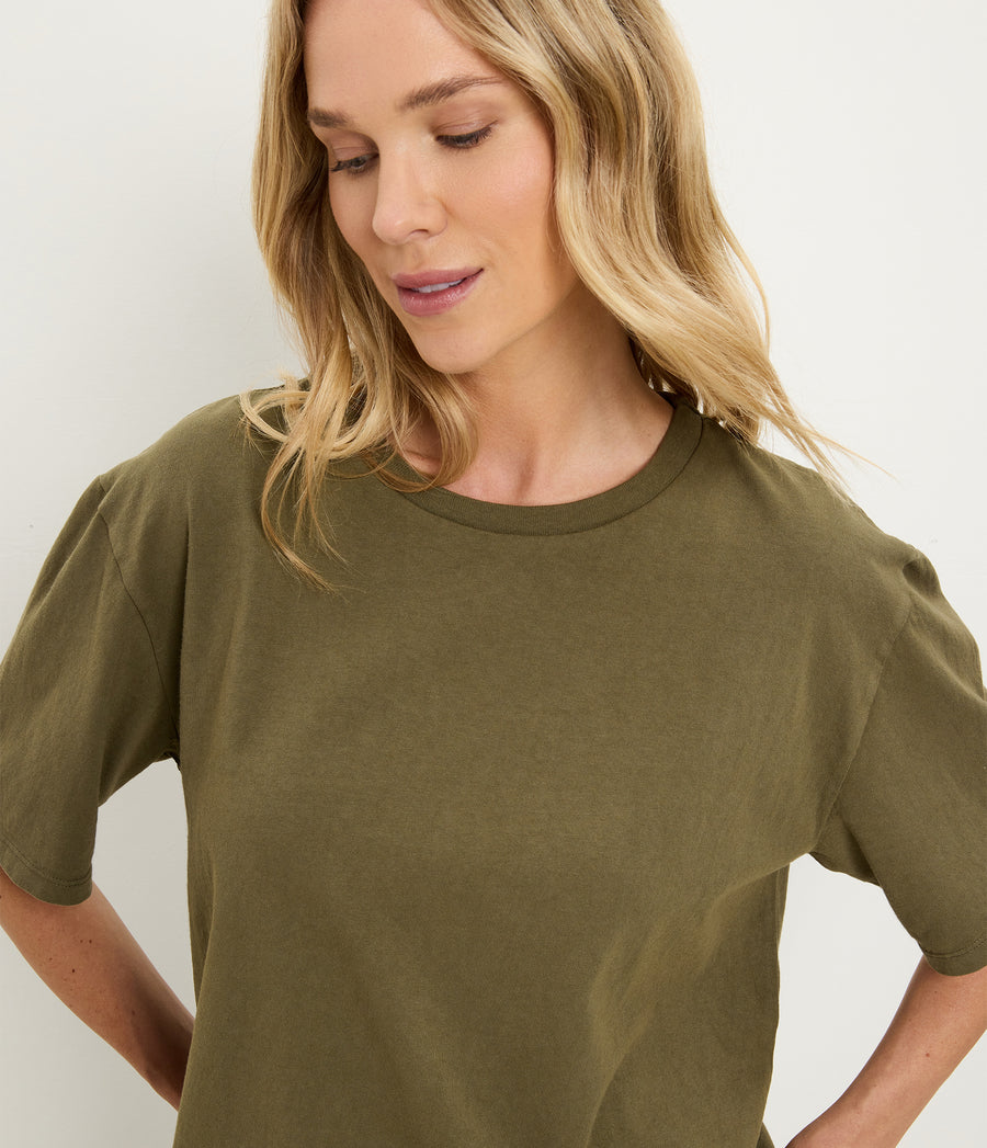 Kennedy Boyfriend Tee in CAPER Green Close up View #CAPER