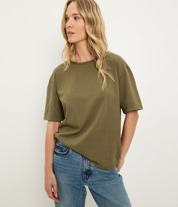 Kennedy Boyfriend Tee in CAPER Green Close up View #CAPER