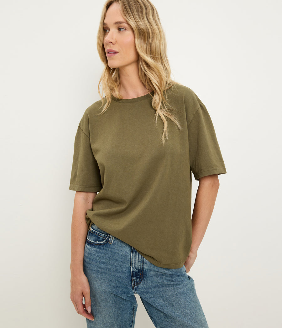 Kennedy Boyfriend Tee in CAPER Green Close up View #CAPER