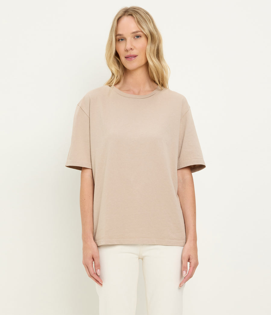 Kennedy Boyfriend Tee in  MACADAMIA Beige Close up View #MACADAMIA
