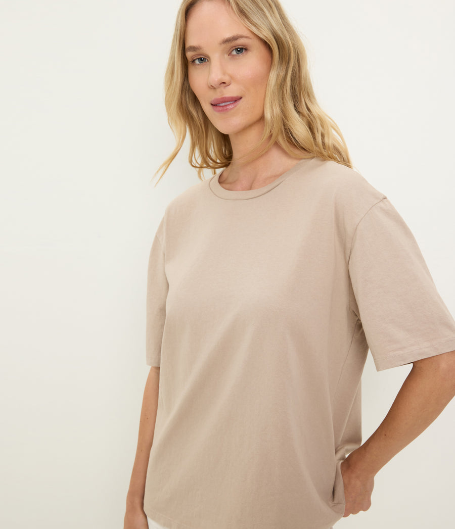 Kennedy Boyfriend Tee in  MACADAMIA Beige Close up View #MACADAMIA