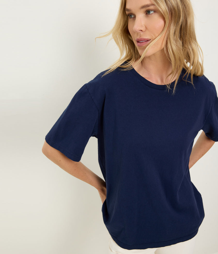 Kennedy Boyfriend Tee in Nocturnal Blue Close up View  #NOCTURNAL