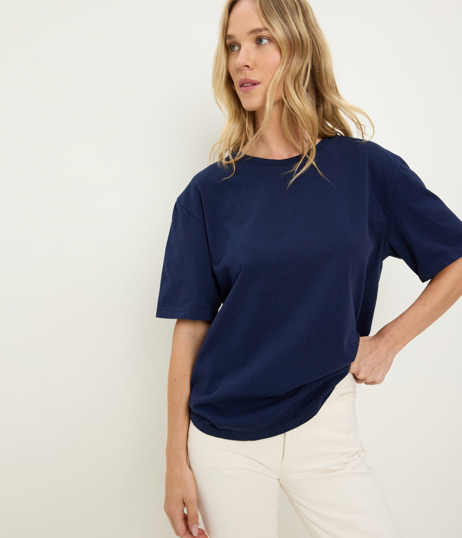 Kennedy Boyfriend Tee in Nocturnal Blue Close up View  #NOCTURNAL