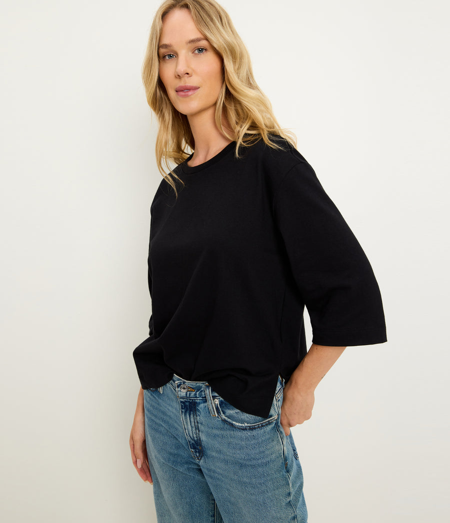 Sharona 3/4 Sleeve Tee in Black Close up View #BLACK