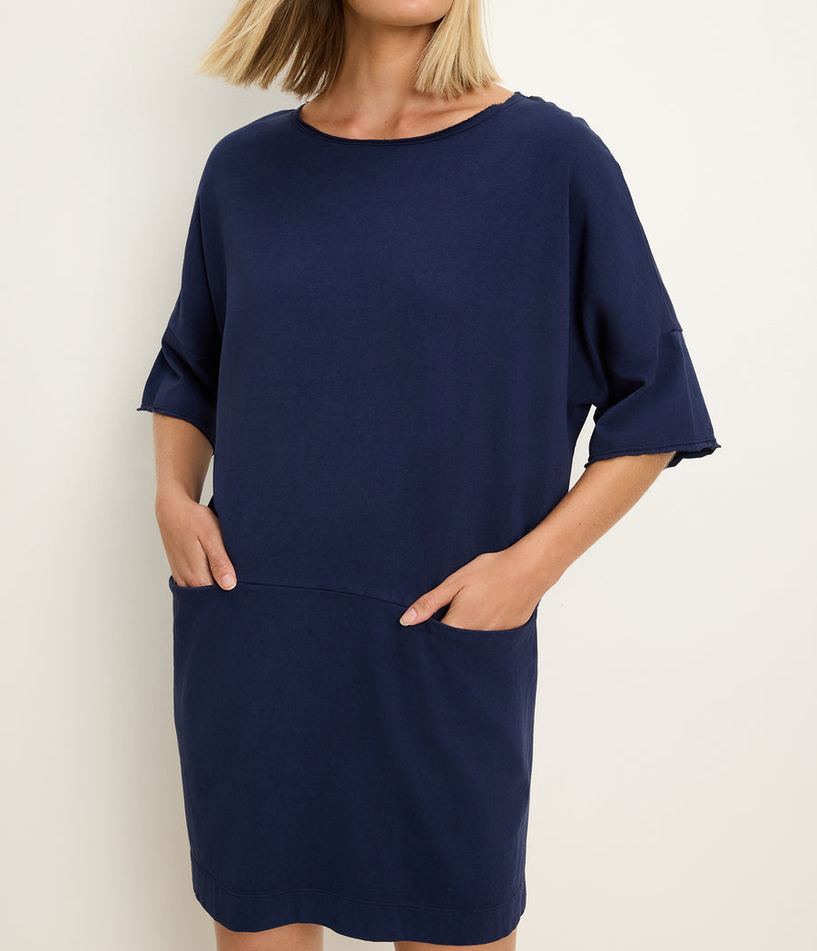 Tamsin Oversized Tee Dress in Nocturnal Blue Close up View  #NOCTURNAL