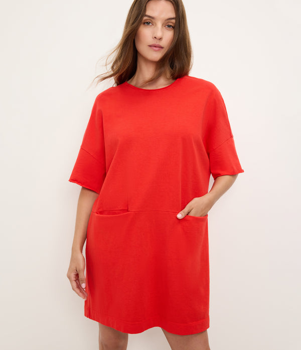 Tamsin Oversized Tee Dress in SAMBA RED Close up View #SAMBA