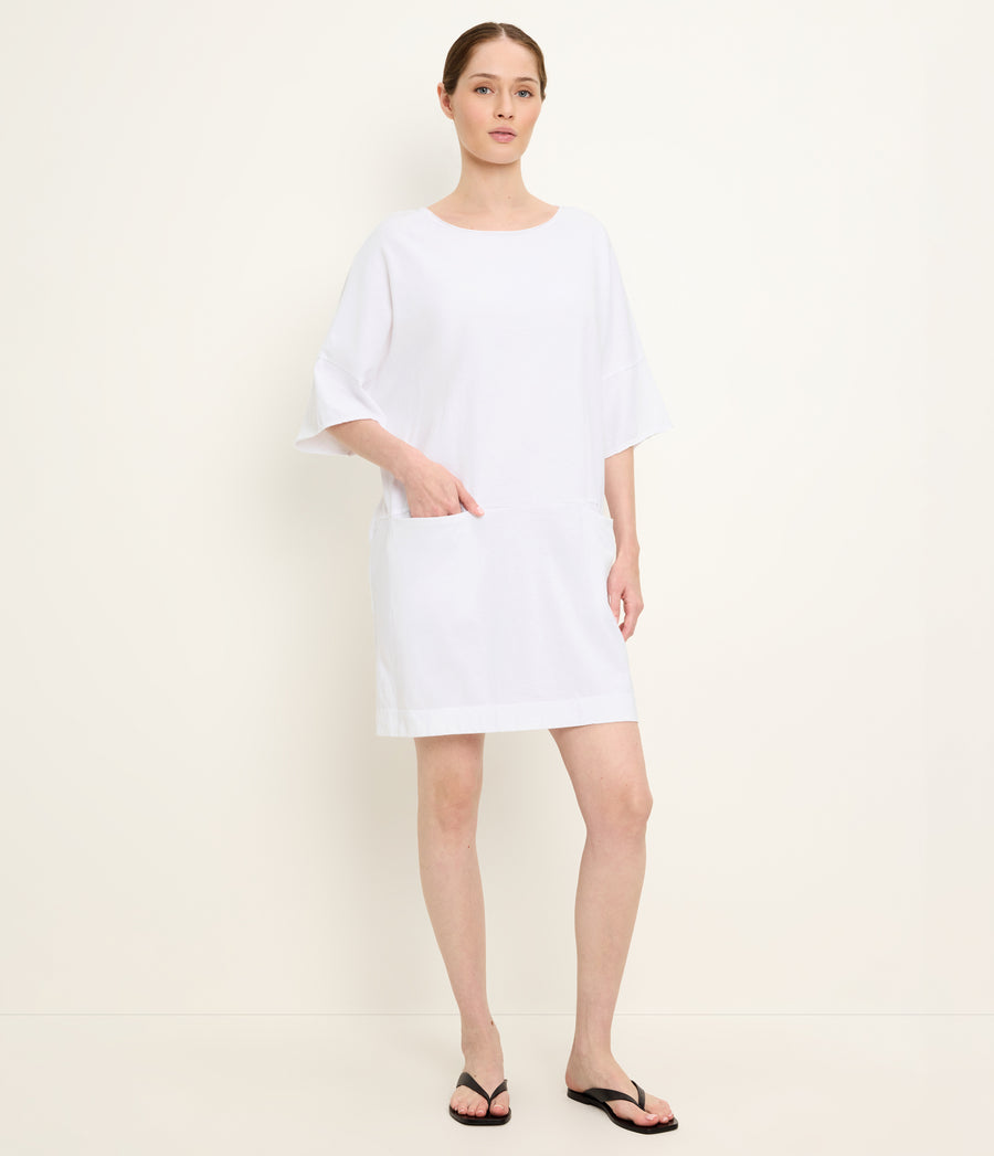 Tamsin Oversized Tee Dress in White Close up View #WHITE