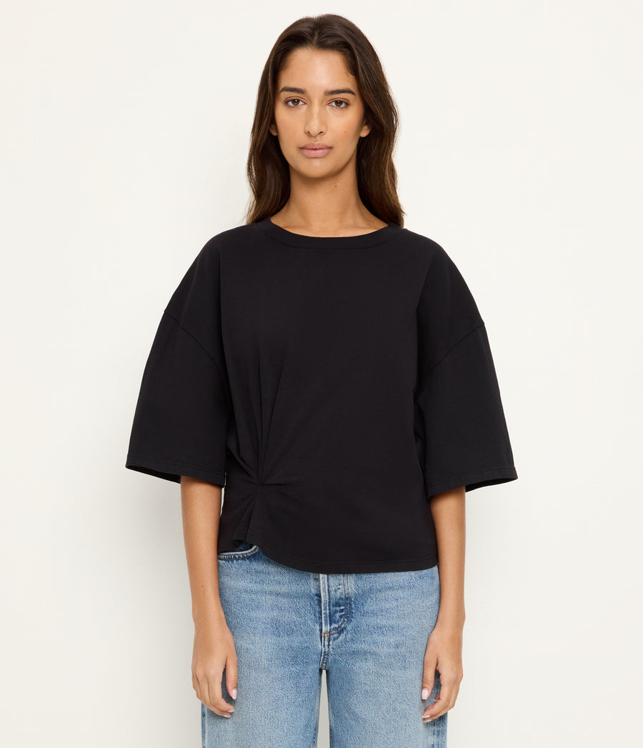 Zinnia Asymmetric Crewneck Tee in Black Full Body View #BLACK