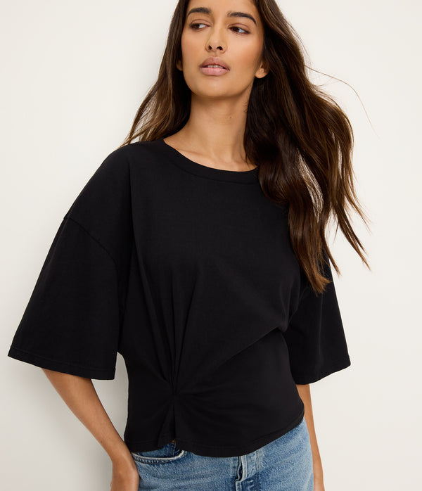 Zinnia Asymmetric Crewneck Tee in Black Close up View #BLACK