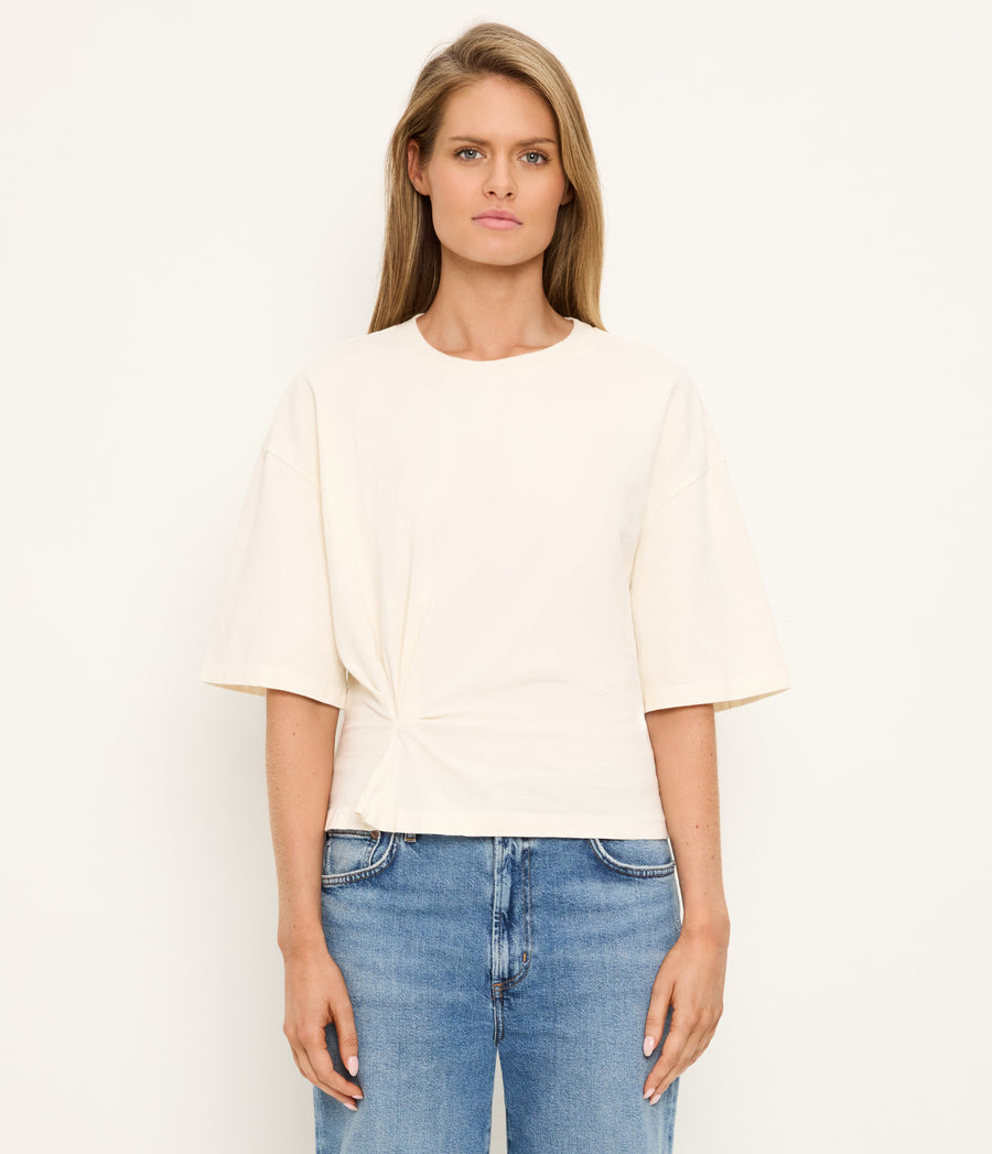 Zinnia Asymmetric Crewneck Tee in Chalk White Full Body View #CHALK