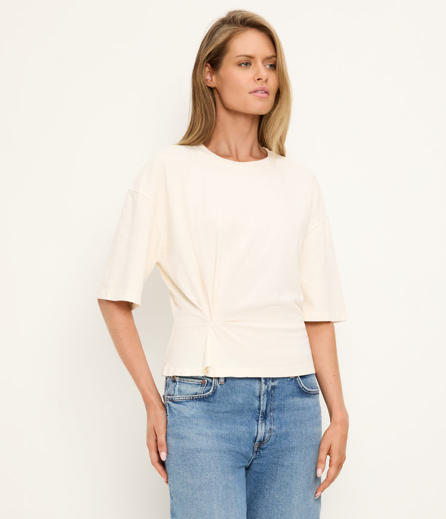 Zinnia Asymmetric Crewneck Tee in Chalk White Side View #CHALK