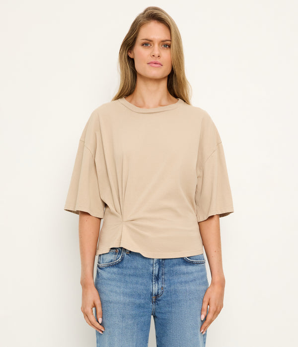 Zinnia Asymmetric Crewneck Tee in  MACADAMIA Beige Full Body View #MACADAMIA