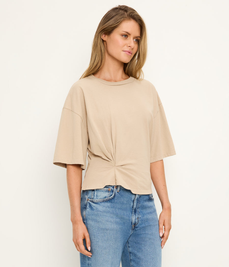 Zinnia Asymmetric Crewneck Tee in  MACADAMIA Beige Side View #MACADAMIA