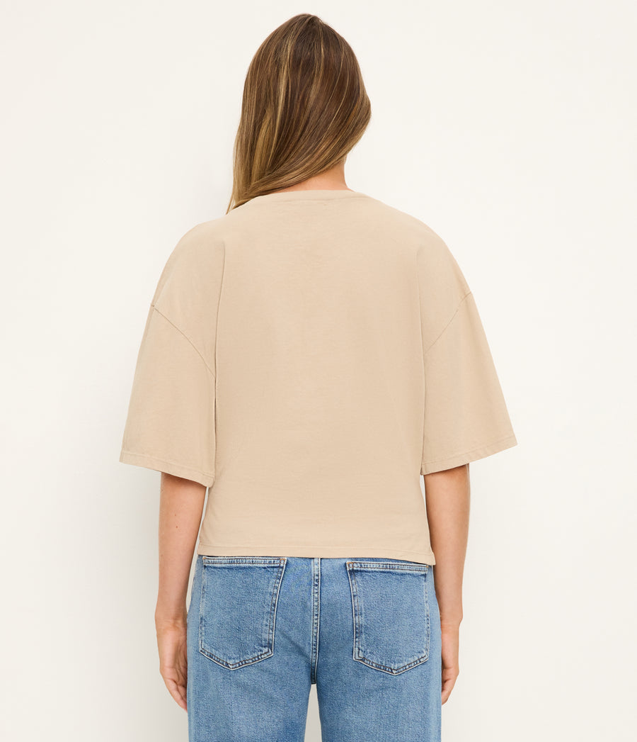 Zinnia Asymmetric Crewneck Tee in  MACADAMIA Beige Back View #MACADAMIA
