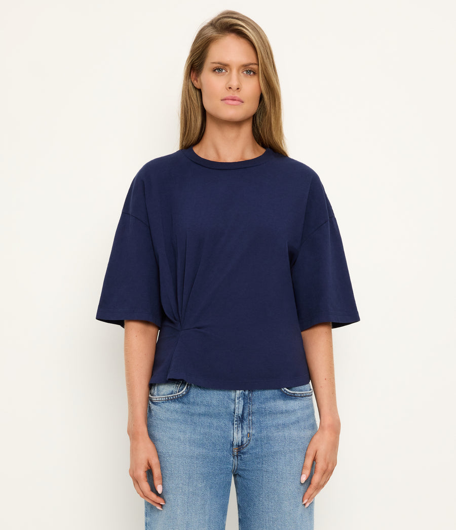 Zinnia Asymmetric Crewneck Tee in Nocturnal Blue Full Body View #NOCTURNAL