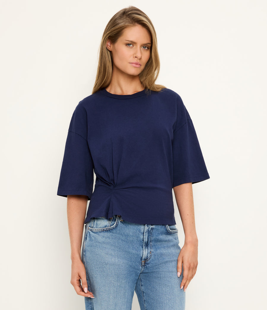 Zinnia Asymmetric Crewneck Tee in Nocturnal Blue Side View #NOCTURNAL