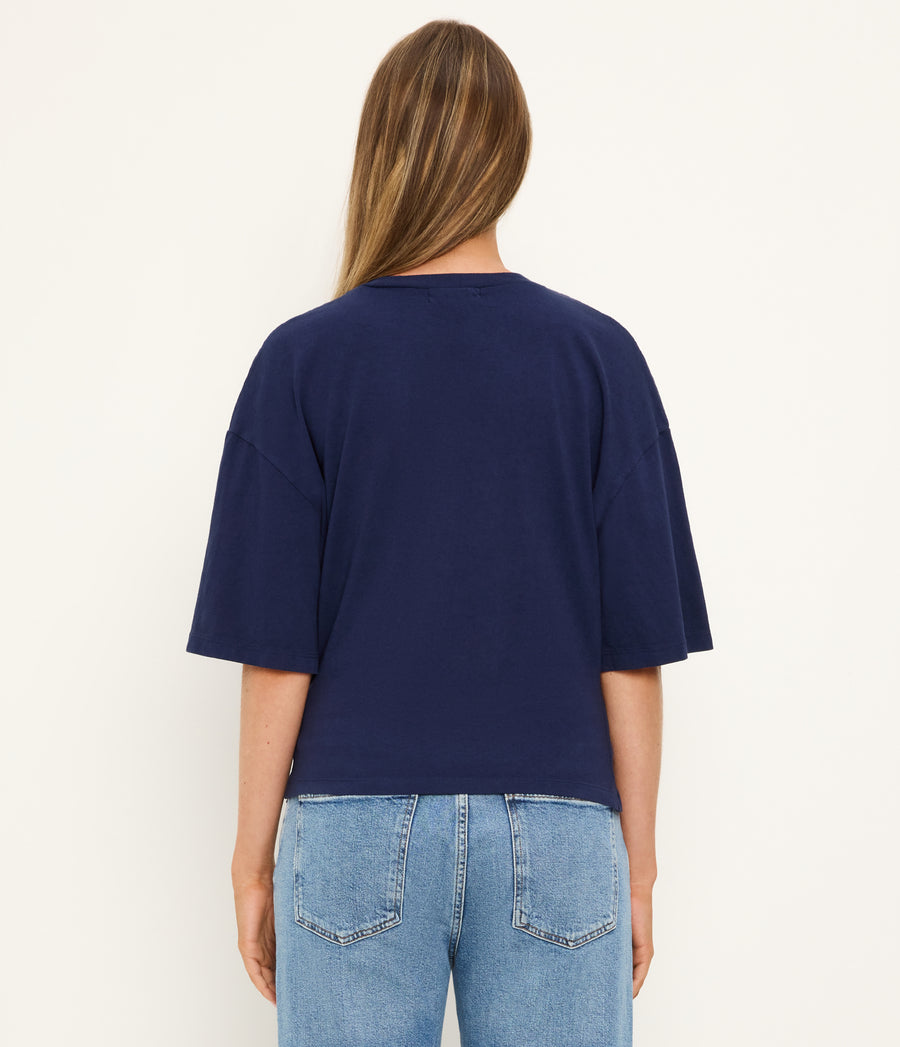 Zinnia Asymmetric Crewneck Tee in Nocturnal Blue Back View  #NOCTURNAL
