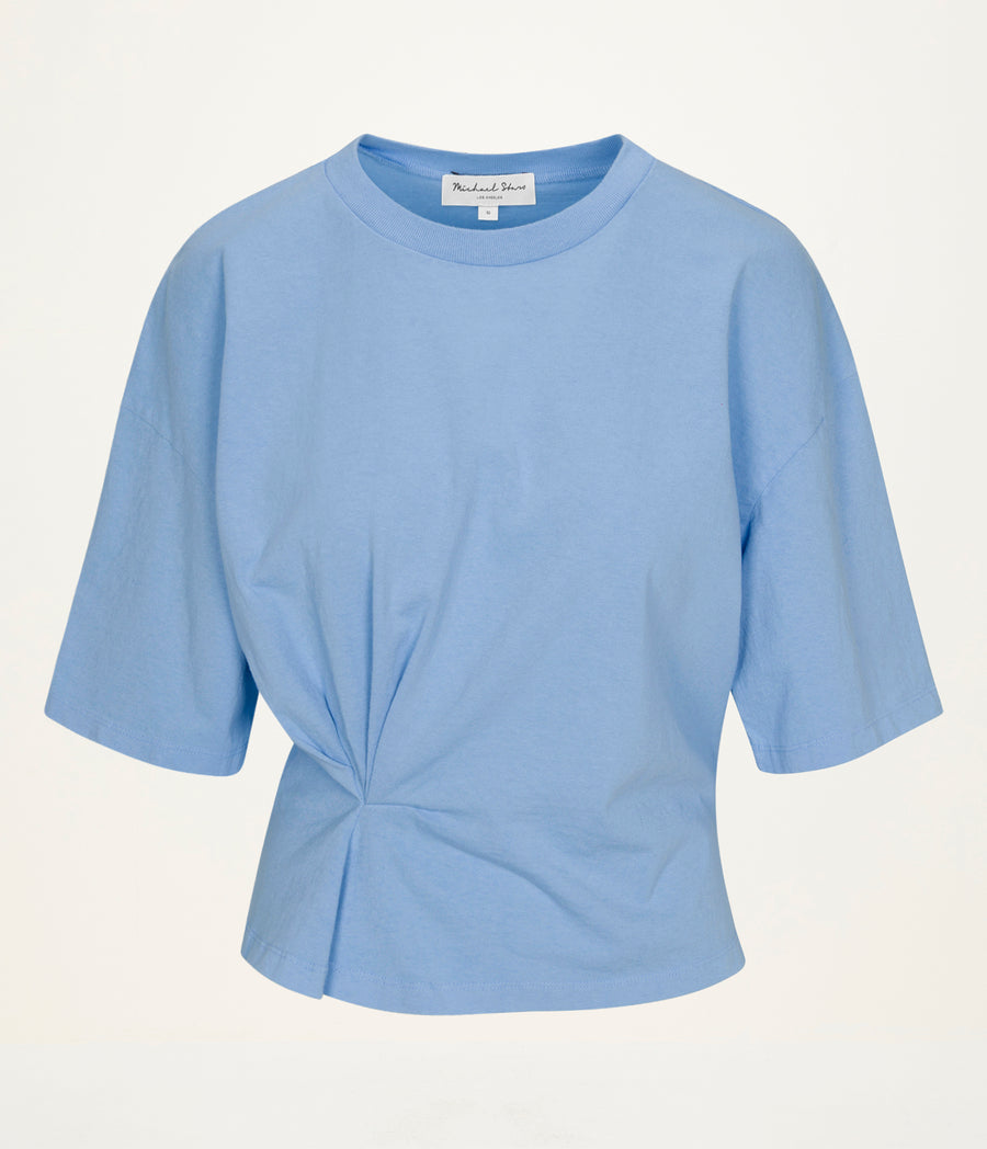 Zinnia Asymmetric Crewneck Tee in SKY Blue Close up View #SKY